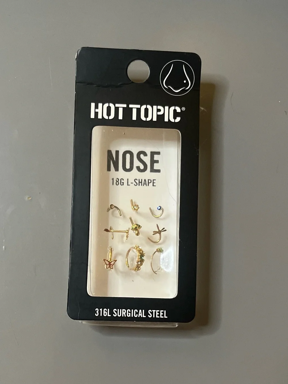 Hot Topic Nose Stud Set 9 Pack 18G L-Shape Gold Butterfly Mushroom NWT